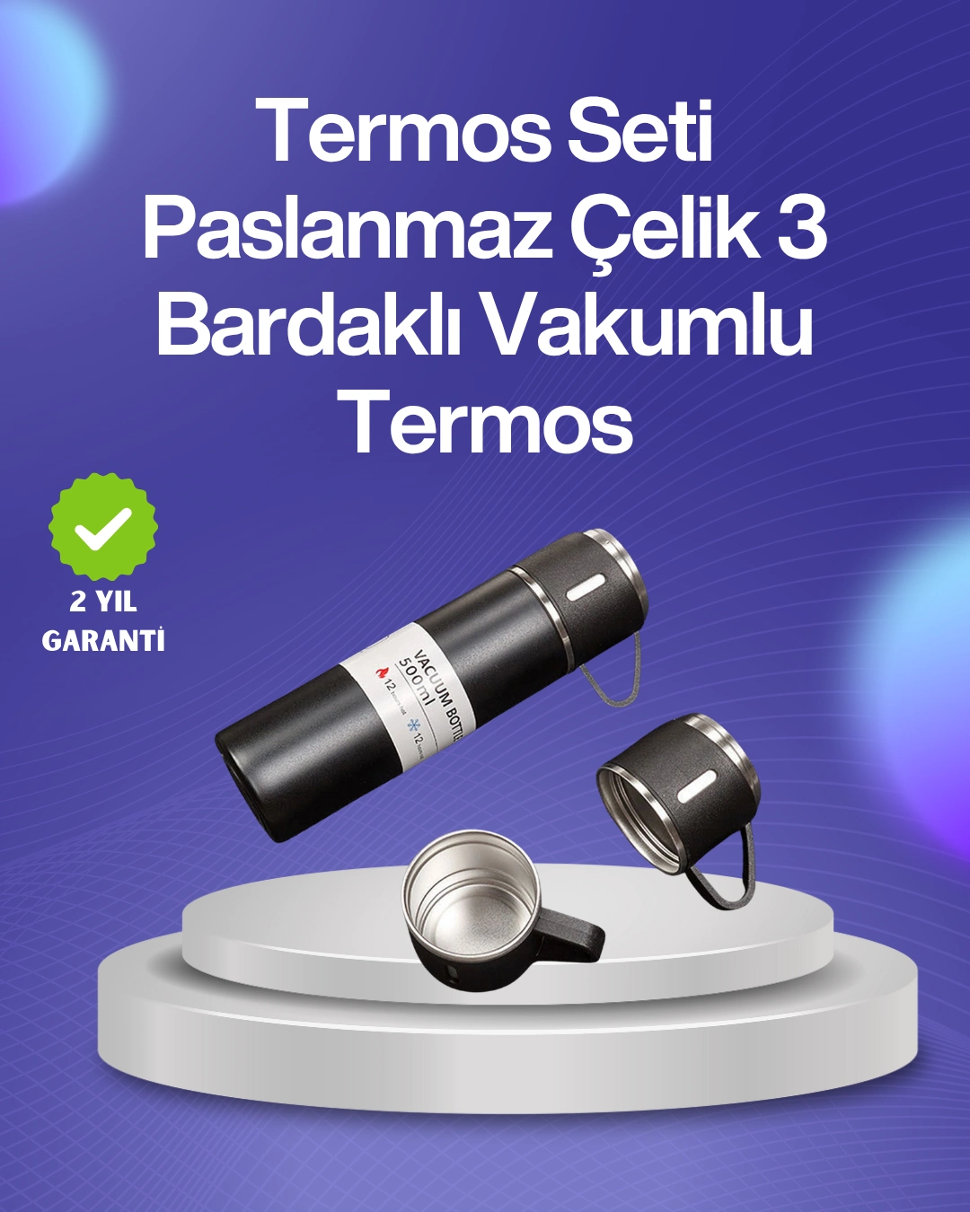Isıyı Uzun Süre Koruyan 500 ml Termos Seti | Çelik Gövde, 2 Bardaklı, Hediye Kutulu