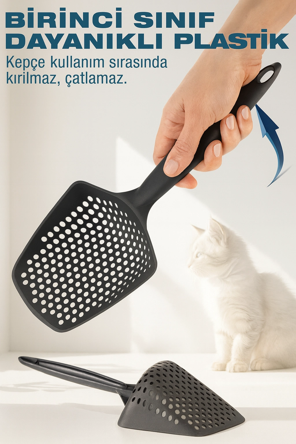 Mikro Delikli Kedi Kumu Küreği – Kum İsrafını Önleyen Dayanıklı Ergonomik Temizlik Küreği