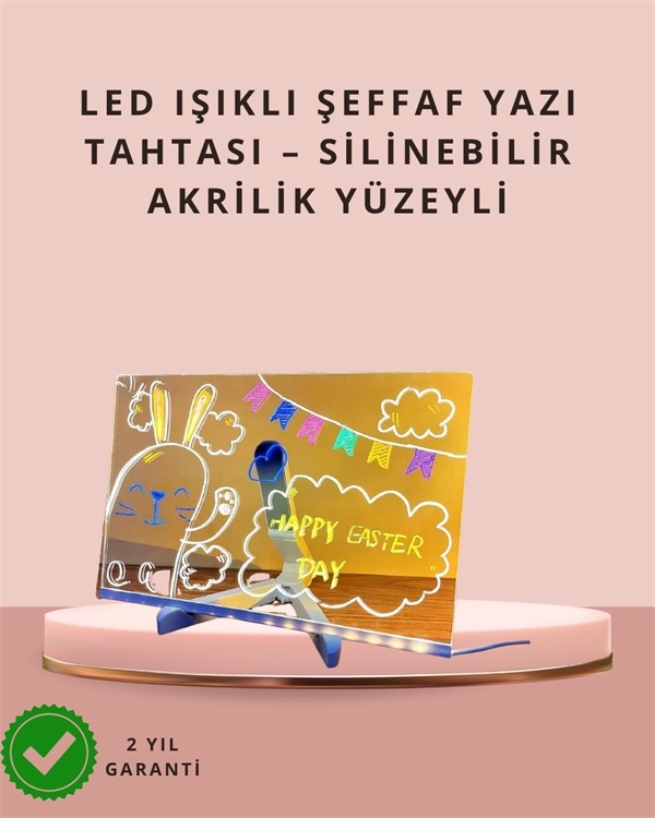 LED Işıklı Şeffaf Yazı Tahtası – Neon Etkili Akrilik Pano, Silinebilir, 7 Renkli Kalemli, 30x20 cm