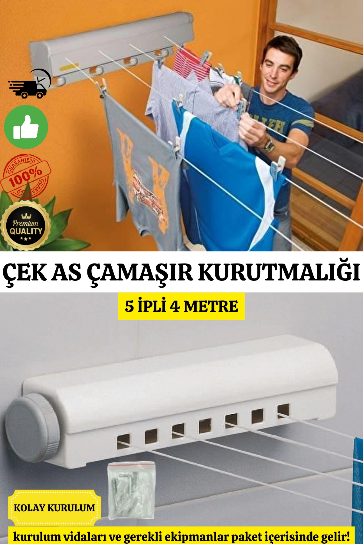 Lüx Çamaşır Kurutmalık Çek As 5 İpli 4 Metre Kolay Kurulum Açılır Kapanır Ergonomik Dayanıklı