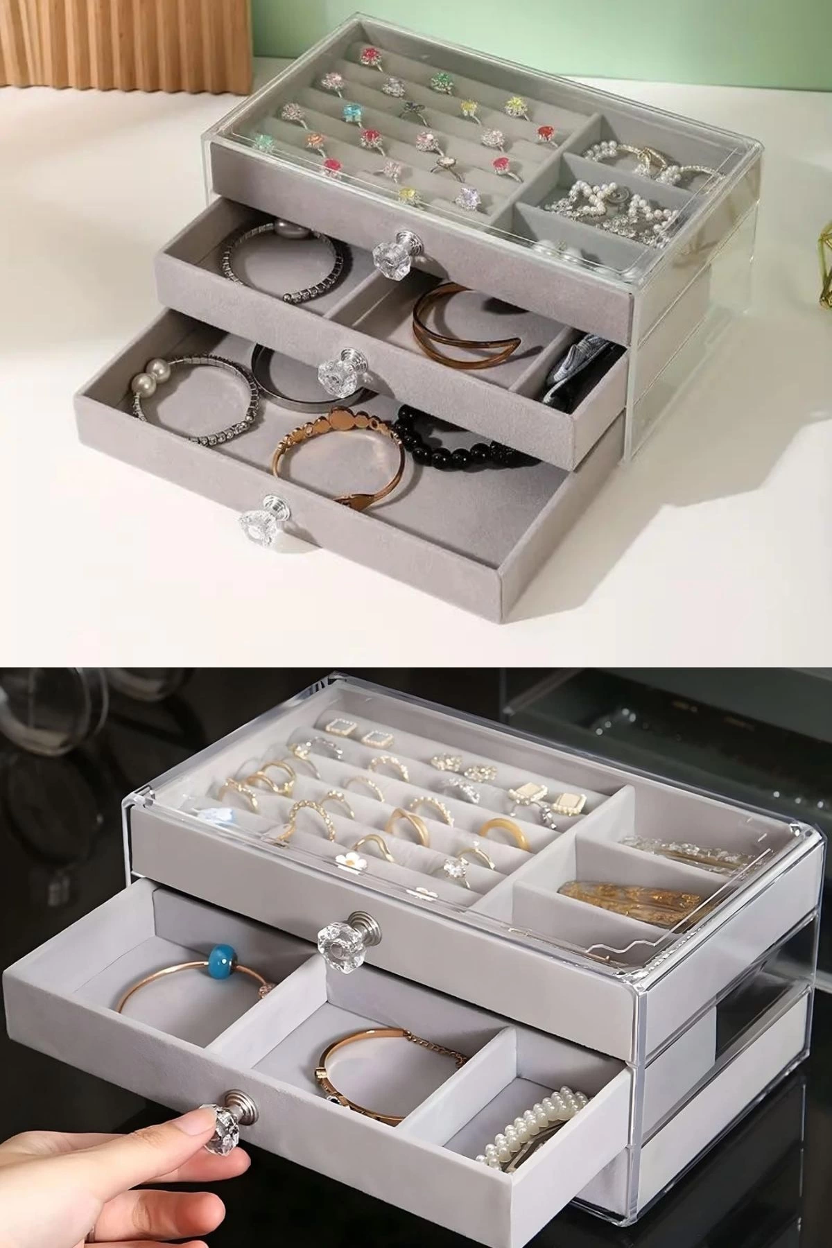 Modern Gri 3 Çekmeceli Takı Bijuteri Mücevher Kutusu Organizer Düzenleyici Şeffaf 13 X 23 X 10 Cm