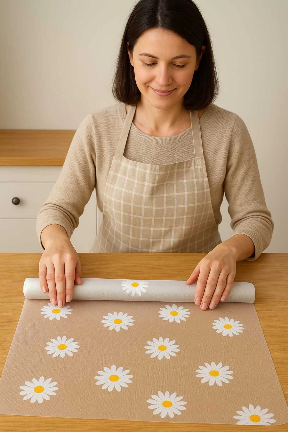 Mutfak Eva Shelf Liner Şeffaf Astar Kaymaz Dolap İçi Çekmece Örtüsü Papatya Desen Mat 45cmx10 Metre