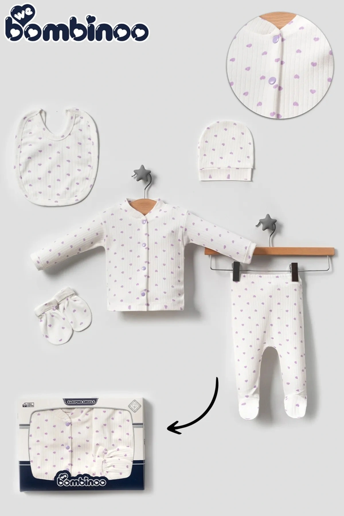 Organik 5 Parça Yeni Doğan Zıbın Set Hastane Cıkışı Fitilli Ekru Kumaşa Kutulu Casual/