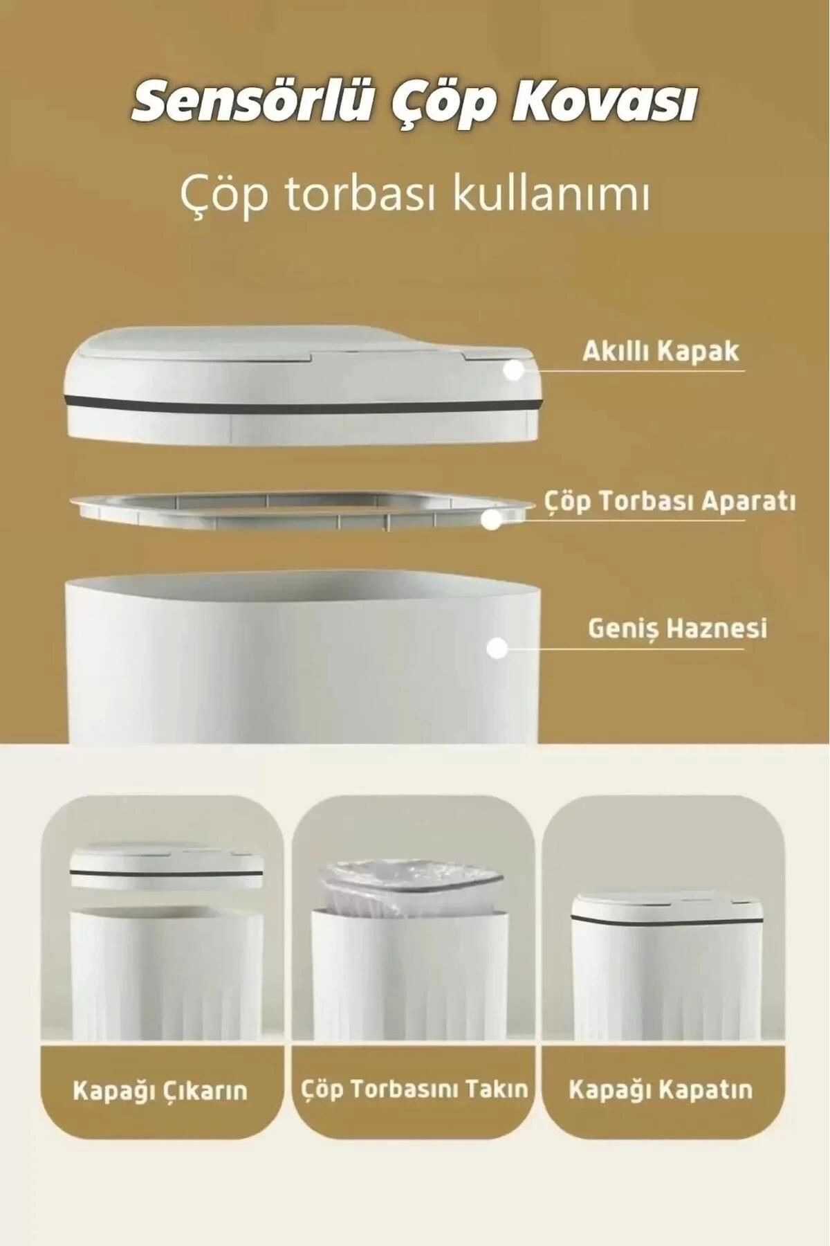 Otomatik Hareket Sensörlü Akıllı Çöp Kovası – 20 Litre Sessiz ve Hijyenik Kullanım