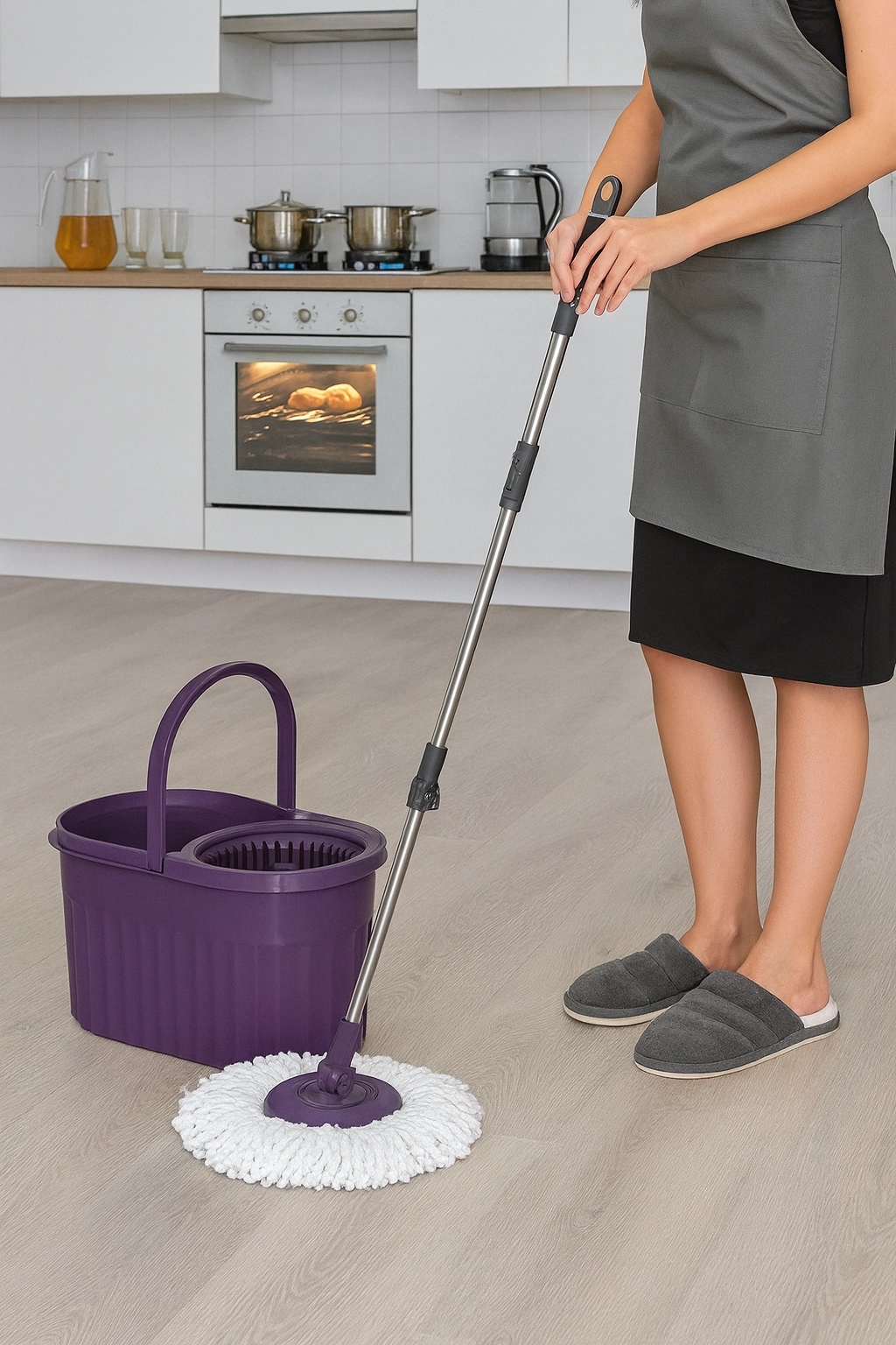 Otomatik Mop Seti Paspas ve Sıkma Kovası, 360° Döner Başlıklı Mikrofiber Yer Temizleme Mor