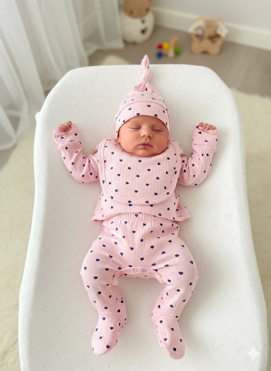 Pembe Desenli Nakışlı Kız Bebek 5'li Hastane Çıkışı Seti - %100 Pamuk Yenidoğan Zıbın Takımı