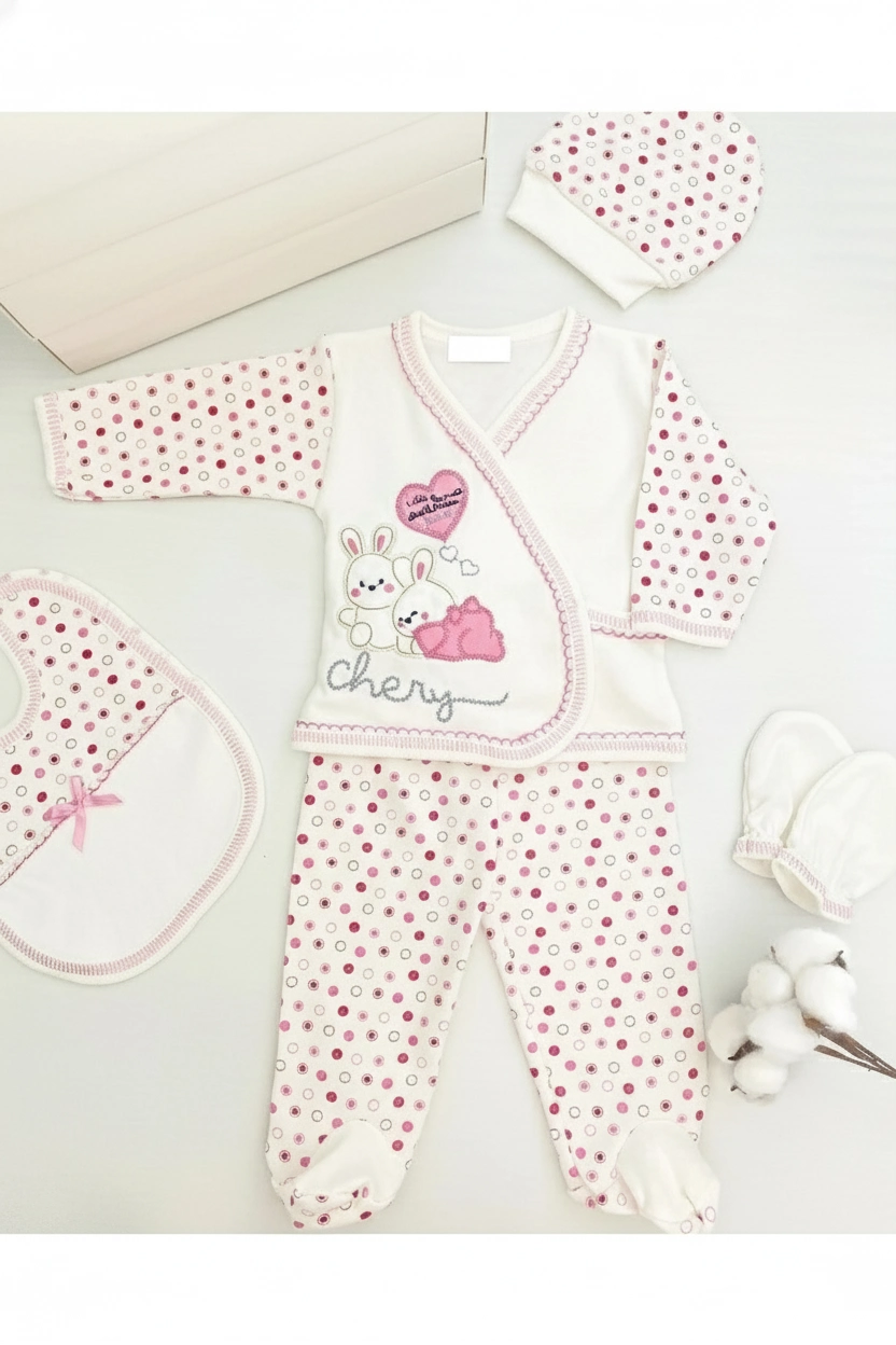 Sevimli Tavşan Figürlü Puantiyeli Bebek 5'li Hastane Çıkışı Seti Pamuk Yenidoğan Zıbın Takımı