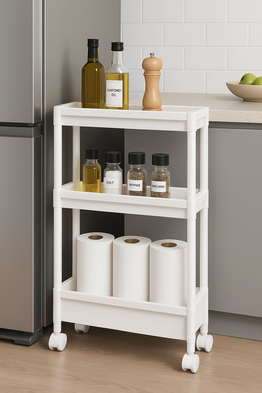 Dar Alan Uyumlu Tekerlekli 3 Katlı Mutfak Rafı – Yağlık, Baharatlık ve Peçetelik Organizer
