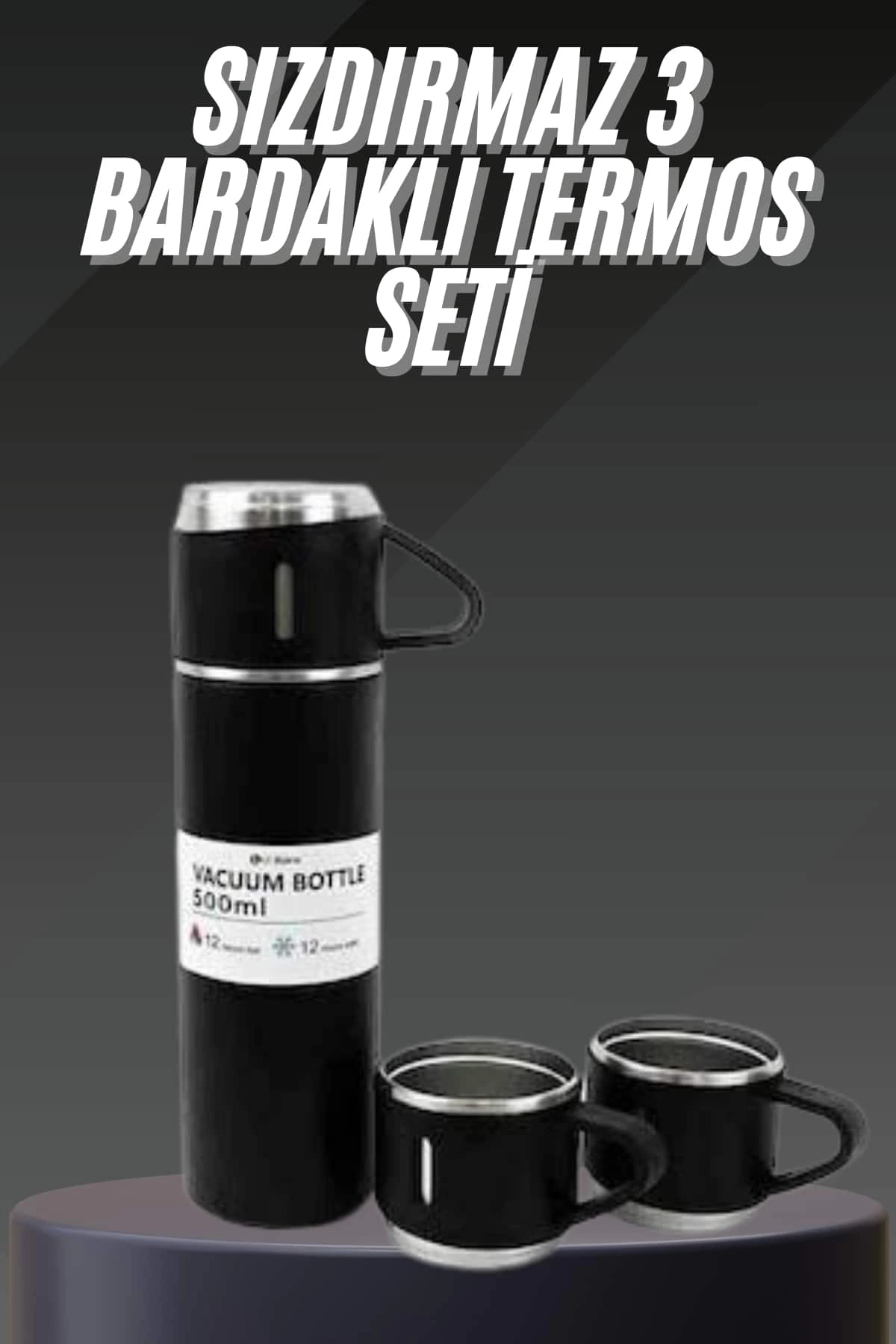 Termos Seti Paslanmaz Çelik 3 Bardaklı Vakumlu Termos Set 500 Ml 12 Saate Kadar Isı Koruma