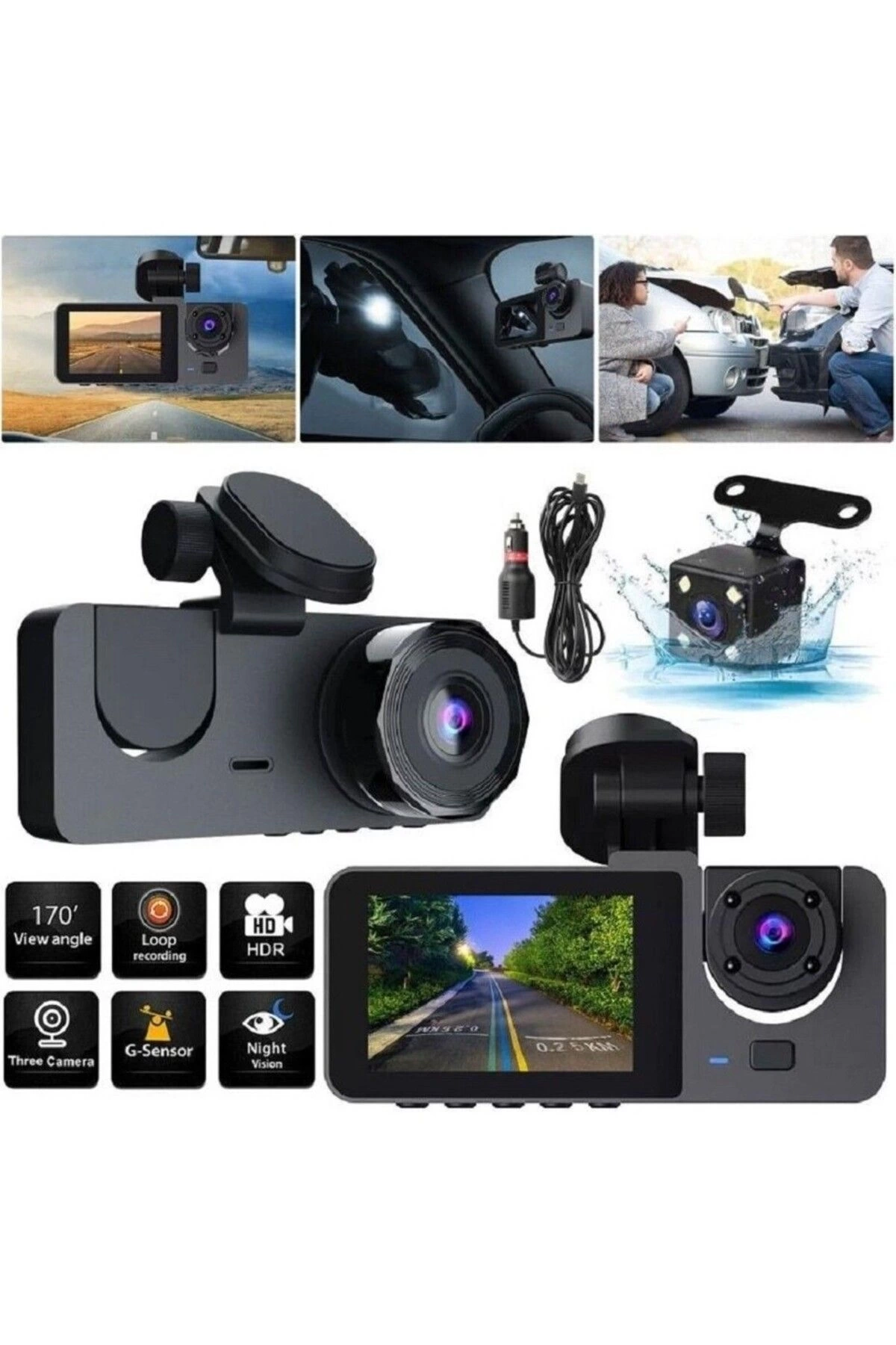 Üç Kameralı Ön Iç Arka Araç Içi Kamera Wifi Viidure App Mpıa CC38 64GB