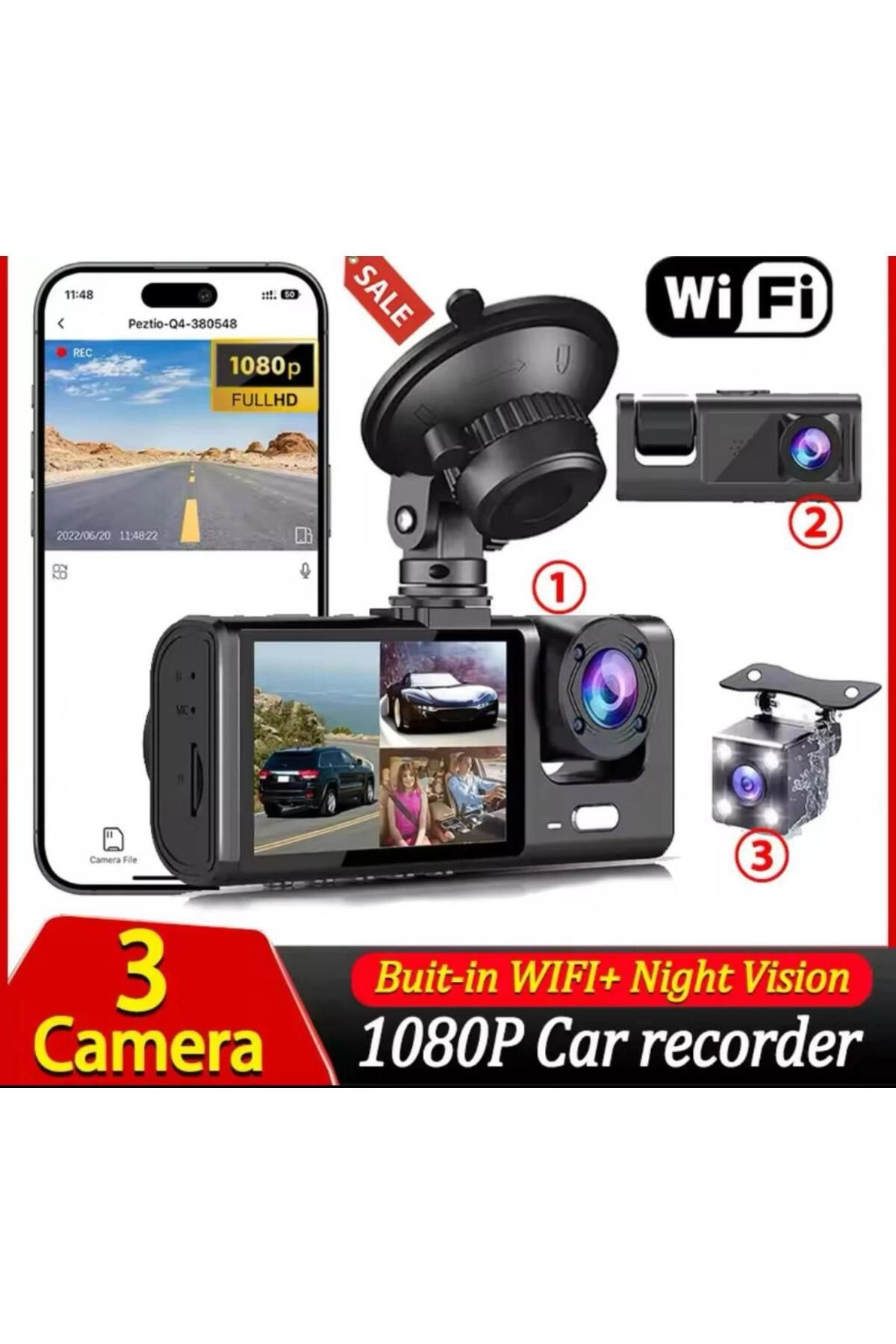 Üç Kameralı Wi‑Fi Araç İçi Kamera – GPS Takip & G-Sensor Özellikli Güvenlik Çözümü