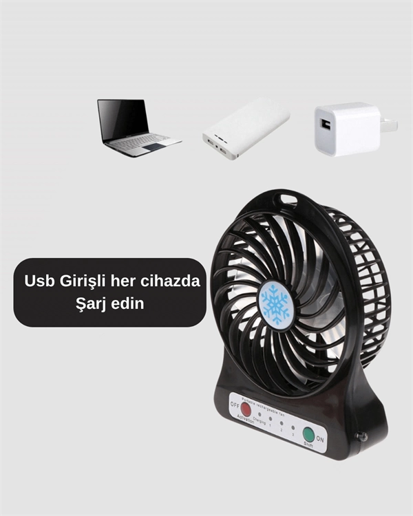 USB Girişli Taşınabilir Masaüstü Mini Fan – 3 Kademeli Hız, Şarjlı, Işıklı, Sessiz Çalışma