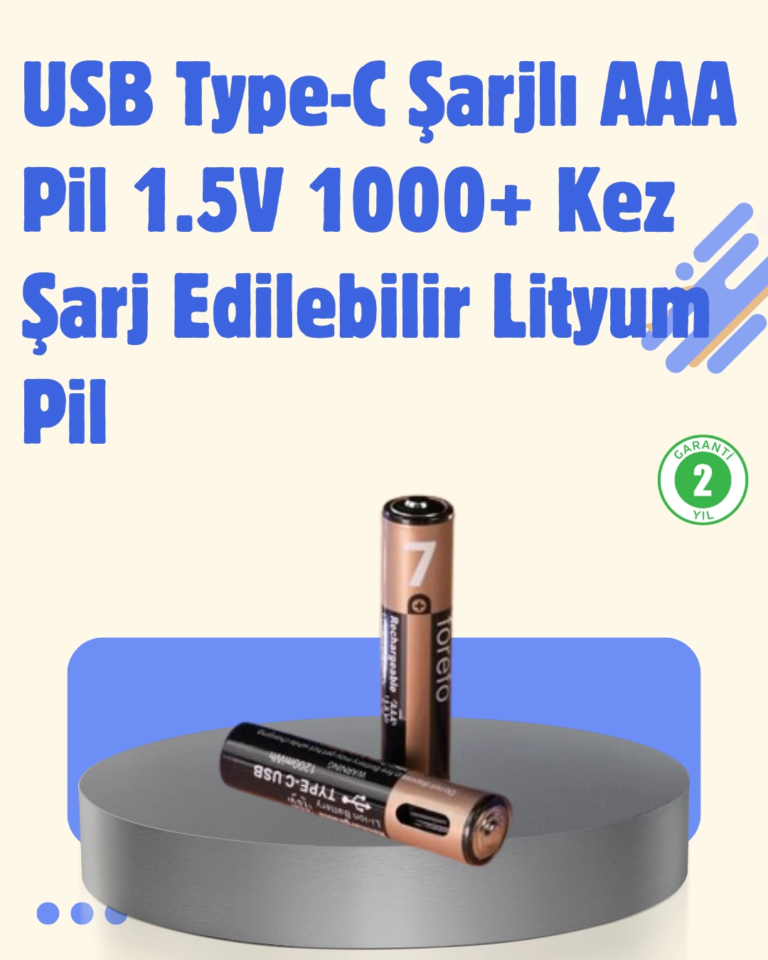 USB Type-C Şarjlı AAA Lityum Pil | 1.5V Sabit Voltaj, 1000+ Şarj Döngüsü ile Uzun Ömür