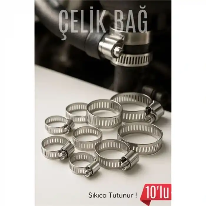 10lu Hortum Kelepçesi Seti | 5 Boy Çelik Ayarlanabilir Vidalı Kelepçe | 13-27mm