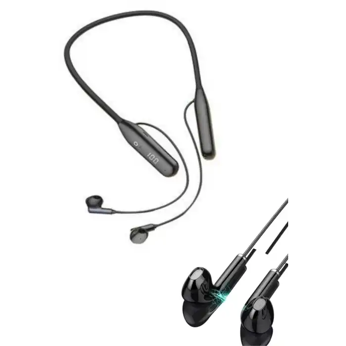 100 Saat Kablolu Boyun Askılı Dijital Göstergeli Bluetooth Kulaklığı