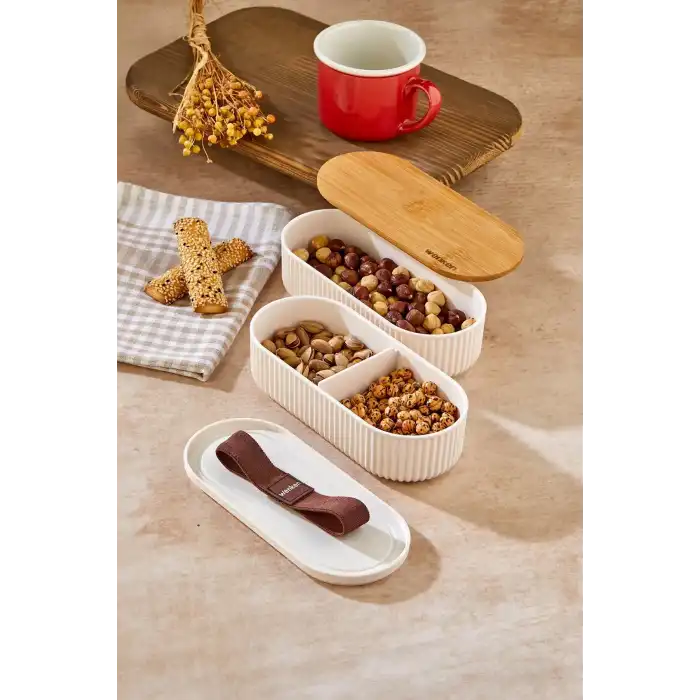 1000ml Ahşap Kapaklı Lunch Box 2li Set Diyet Beslenme Kutusu Bambu Saklama Kabı