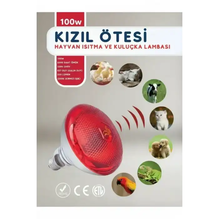 100W Kızılötesi (infrared) Isıtıcılı Hayvan Isıtma ve Kuluçka Lambası (Kırmızı Işık) E27 (Kalın Duy)