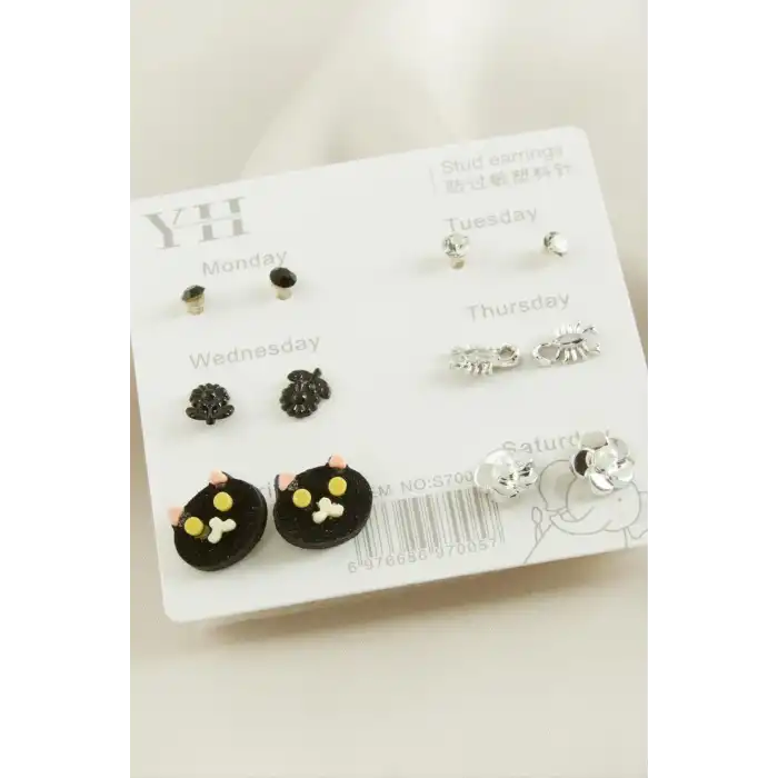 12 Adet Kedi Metal Taşlı Küpe