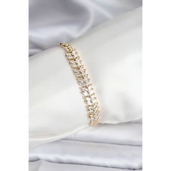 14K Gold Renk Kaplama Başak Model Zirkon Taşlı CM Kadın Bileklik