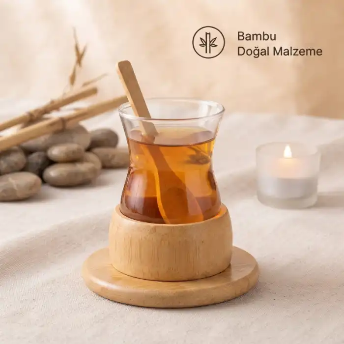 18 Parça Bambu Çay Seti - 6 Çay Bardağı - Borosilikat Cam