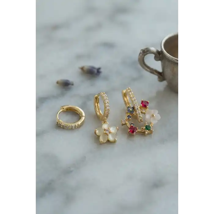 3 lü Set Gold Renk Çiçek Model Küpe