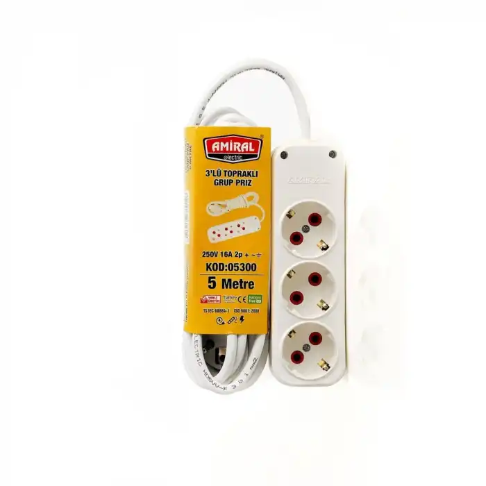 3 lü Topraklı 5 Metre Kablolu Grup Priz (336336)