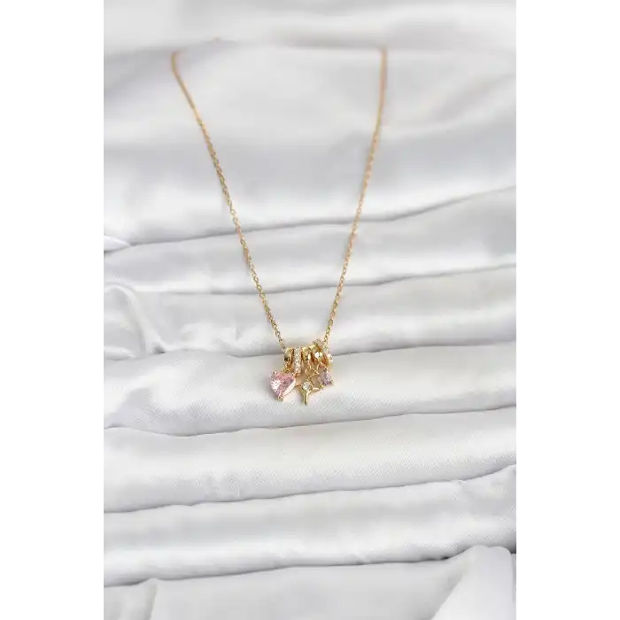 316L Çelik Gold Pembe Zirkon Taşlı Charmlı Kadın Kolye