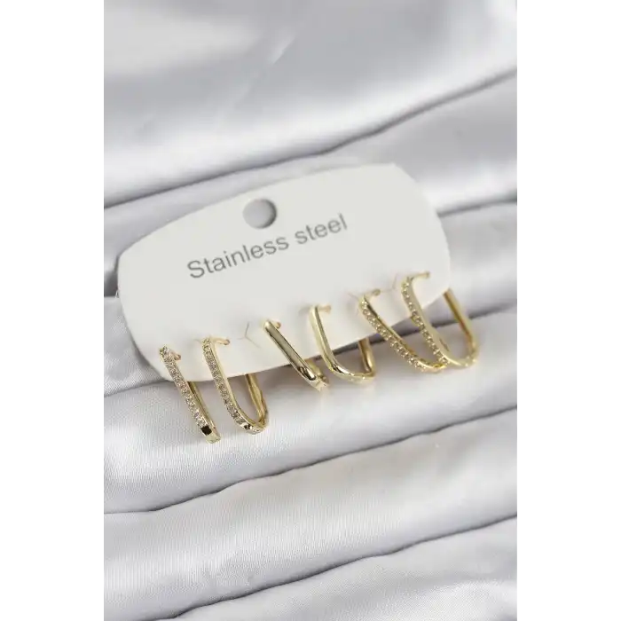 316L Çelik Gold Renk 6lı Set Geometrik Model Kadın Küpe