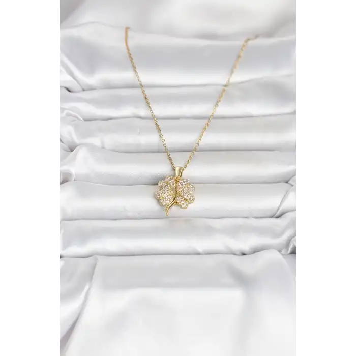 316L Çelik Gold Renk Açılabilir Yonca Model Zirkon Taşlı Kadın Kolye