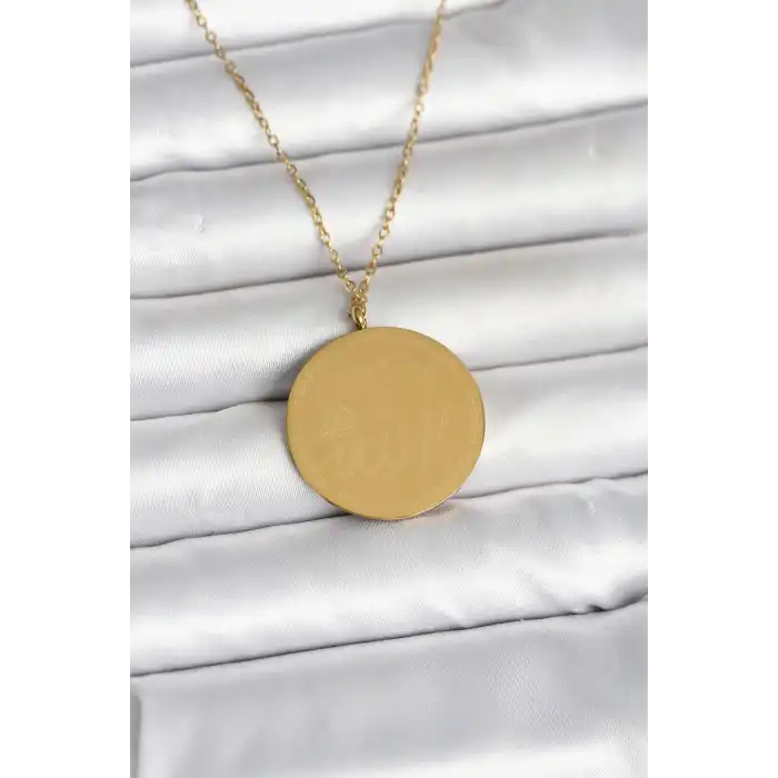 316L Çelik Gold Renk Ayetel Kürsi ve Allah Yazılı Kolye