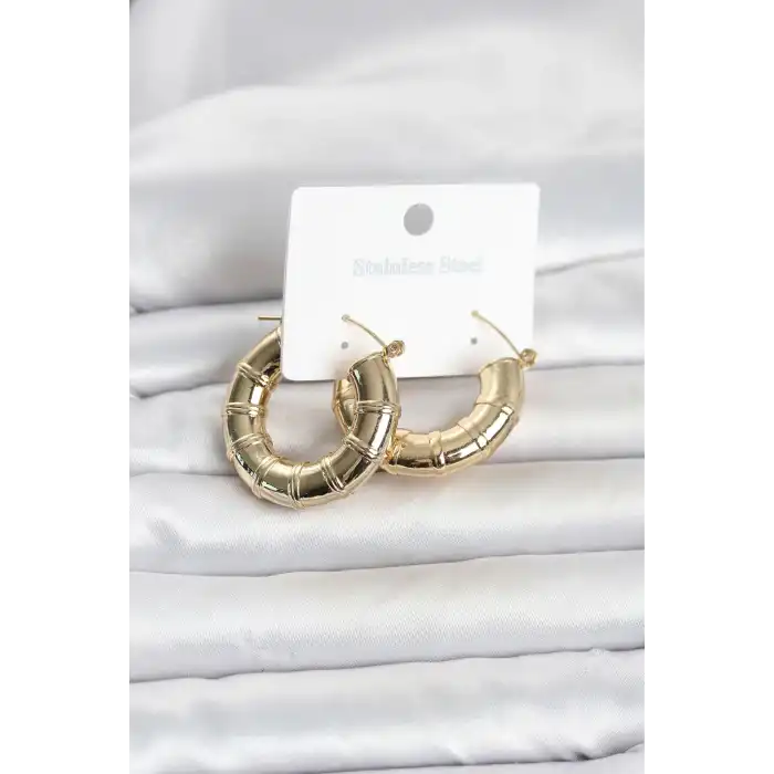 316L Çelik Gold Renk Bambu Model Halka Kadın Küpe