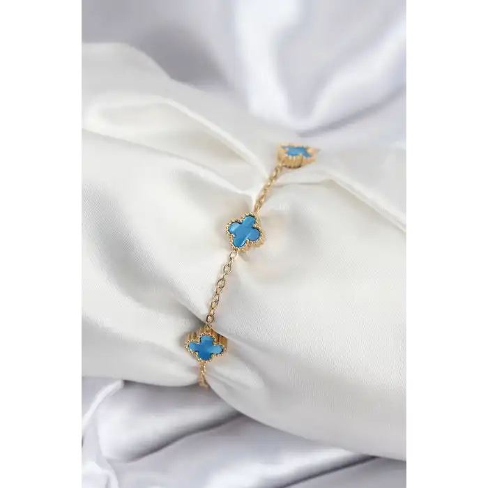 316L Çelik Gold Renk Buz Mavisi Baby Boy Yonca Kadın Bileklik