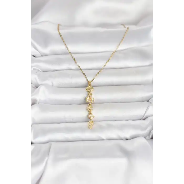 316L Çelik Gold Renk Deniz Temalı Y Model Zirkon Taşlı Kadın Kolye