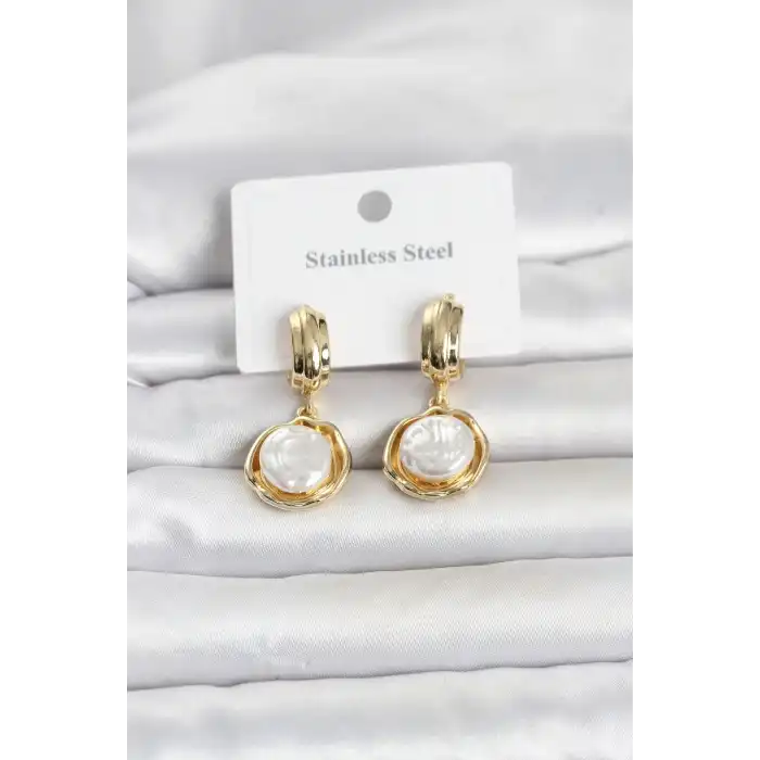 316L Çelik Gold Renk İnci Detaylı Kadın Küpe