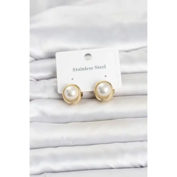 316L Çelik Gold Renk İncili Model Kadın Küpe