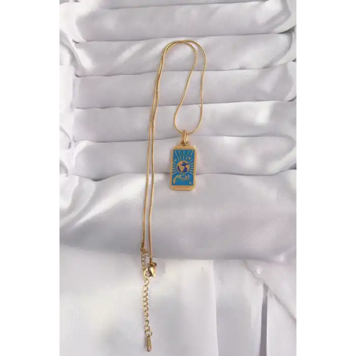 316L Çelik Gold Renk Mavi Mineli El Figür Tarot Kolye