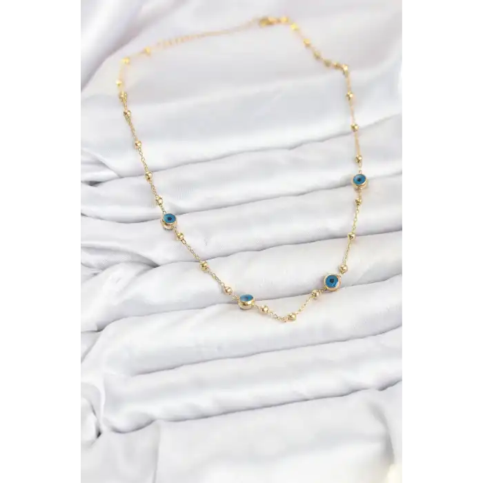 316L Çelik Gold Renk Nazarlı ve Topçuklu Model Kadın Kolye