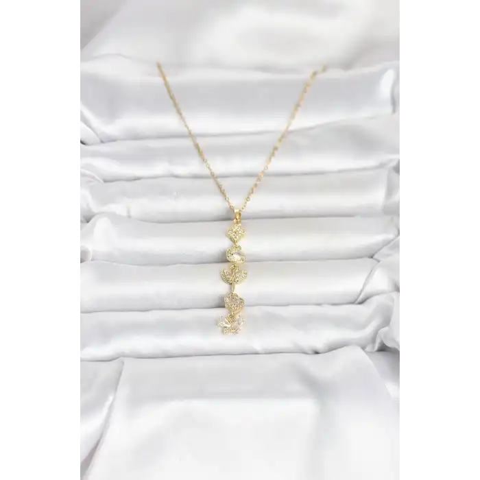 316L Çelik Gold Renk Şans Kolyesi Y Model Zirkon Taşlı Kadın Kolye
