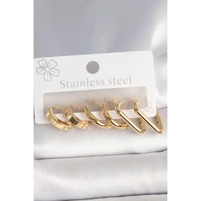 316L Çelik Gold Renk Üçgen Halka Model Kadın Küpe Seti
