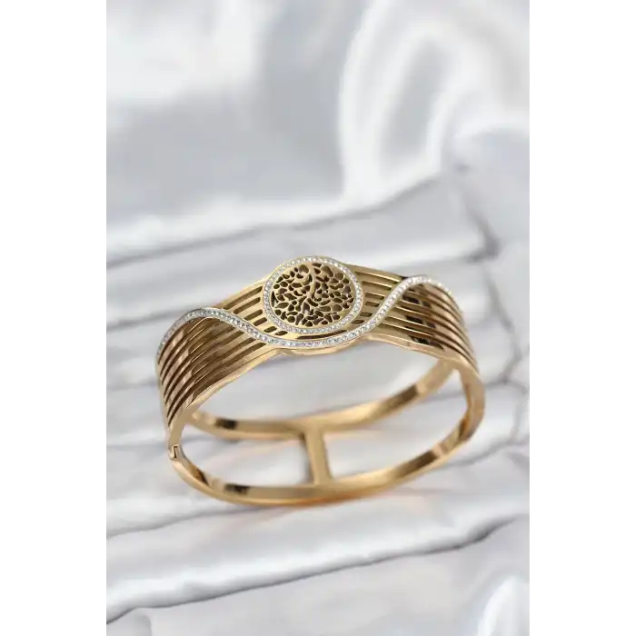 316L Çelik Gold Renk Yaşam Ağacı Modelli Kadın Kelepçe Bileklik