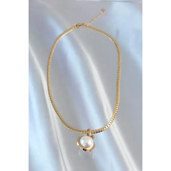 316L Çelik Gold Renk Yassı Zincir İnci Taşlı Kolye
