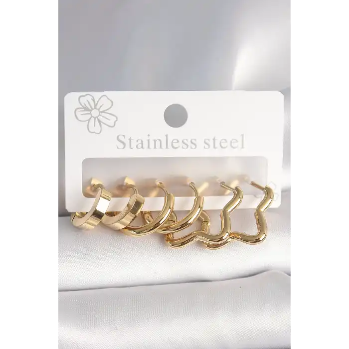 316L Çelik Gold Renk Yıldız Halka Model Kadın Küpe Seti
