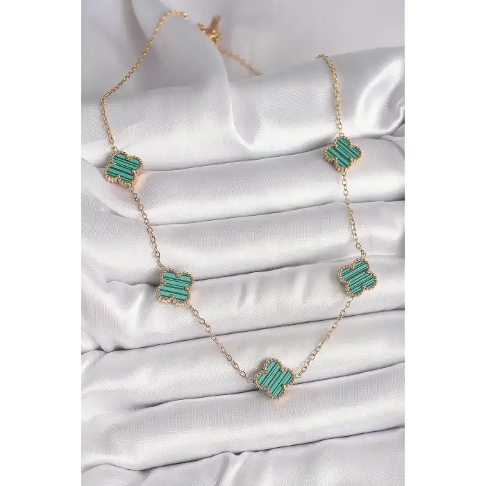 316L Çelik Gold Renk Zincir Yeşil Yonca Model Kadın Kolye