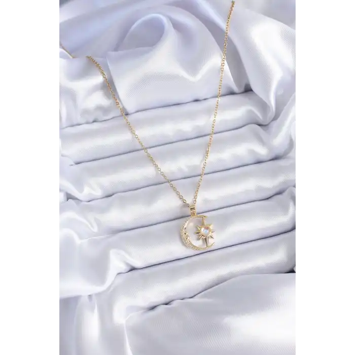 316L Çelik Gold Renk Zirkon Taşlı Ay Yıldız Model Kadın Kolye