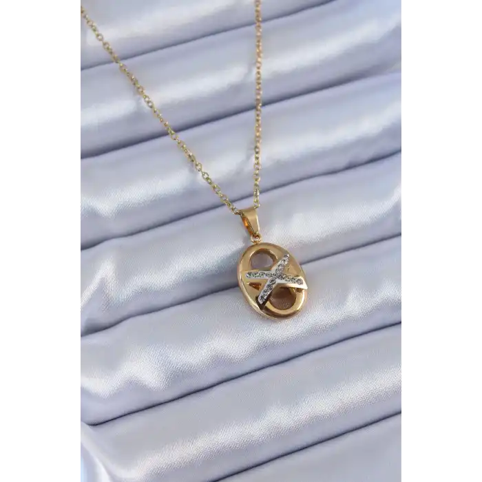 316L Çelik Gold Renk Zirkon Taşlı Kadın Kolye