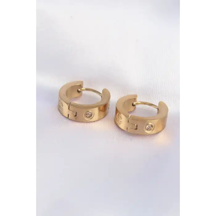 316L Çelik Gold Renk Zirkon Taşlı Minimal Model Halka Küpe