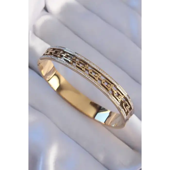 316L Çelik Gold Renk Zirkon Taşlı Model Kelepçe