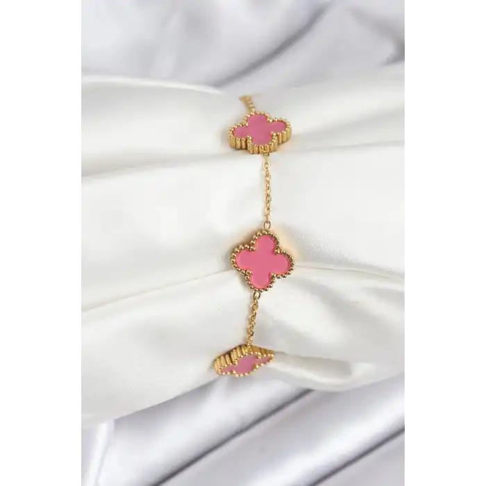 316L Çelik Gold Zincir Pembe Yonca Renk Bileklik