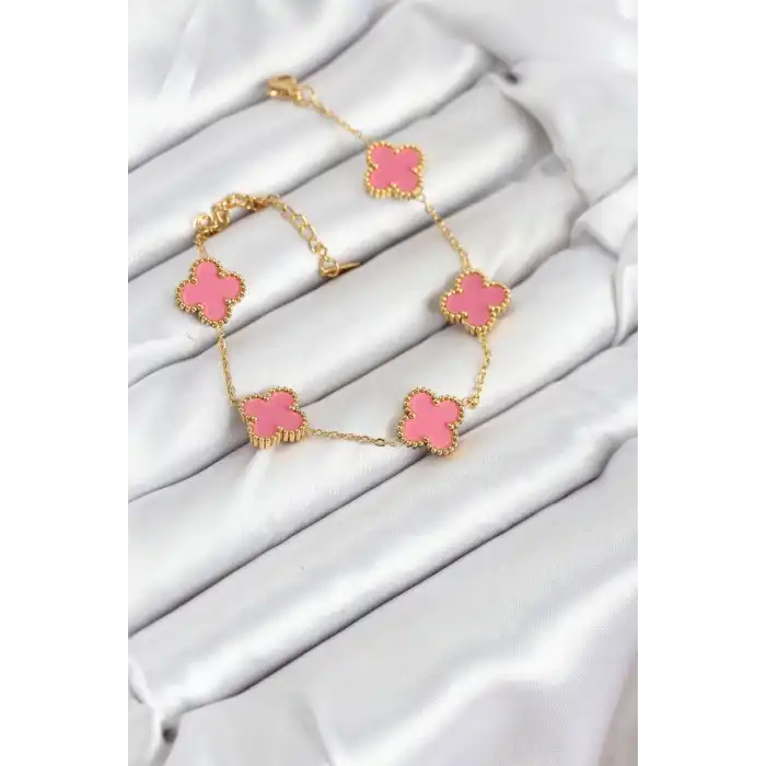 316L Çelik Gold Zincir Pembe Yonca Renk Bileklik
