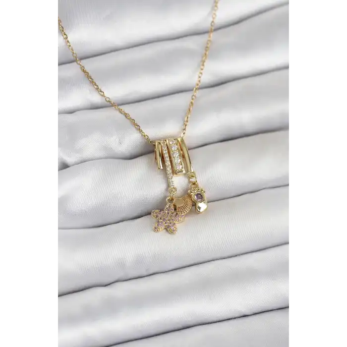 316L Çelik Gold Zirkon Taşlı Deniz Tema Charmlı Kadın Kolye
